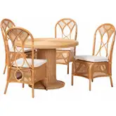 Wallis 5 Piece Pedestal Dining Set in Natural Rattan & Neutral Fabric