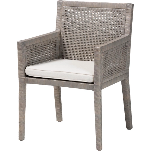 Karis Dining Arm Chair in French Grey Natural Rattan & Neutral Fabric (Set of 2)