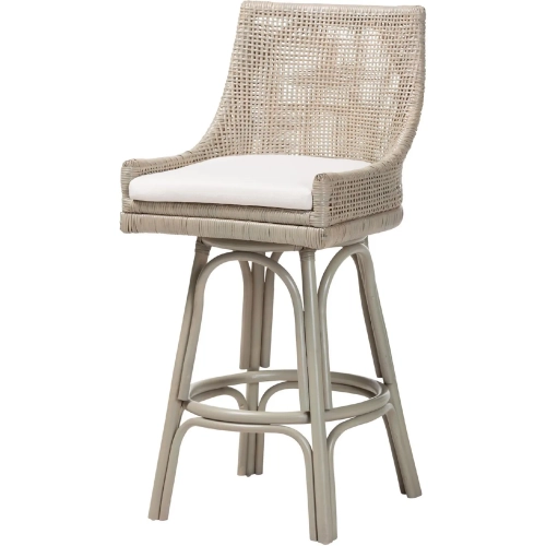 Bella Swivel Bar Stool in French Grey Rattan & Neutral Fabric