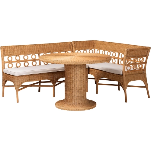 Monica 3 Piece Dining Nook Set in Light Honey Rattan & Fabric