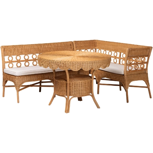 Matilde 3 Piece Dining Nook Set in Light Honey Rattan & Fabric