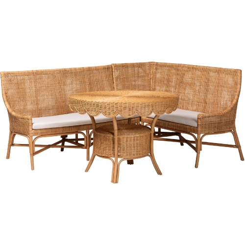 Olivera 3 Piece Dining Nook Set in Light Honey Rattan & Fabric