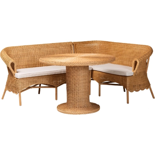 Rashtin 3 Piece Dining Nook Set in Light Honey Rattan & Fabric