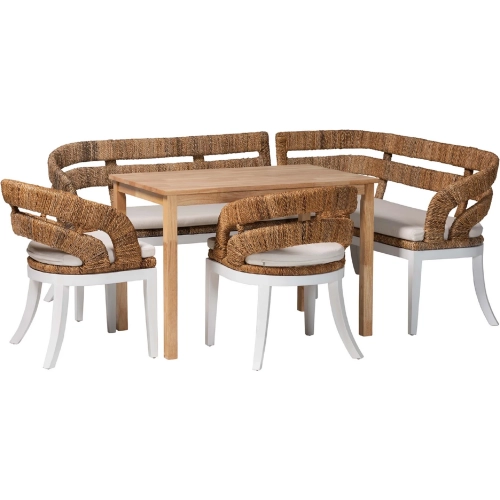 Ubud 5 Piece Dining Nook Bench Set in Wood, Natural Seagrass & Neutral Fabric