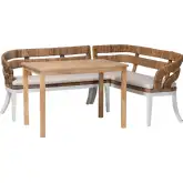 Ubud 3 Piece Dining Nook Bench Set in Wood, Natural Seagrass & Neutral Fabric