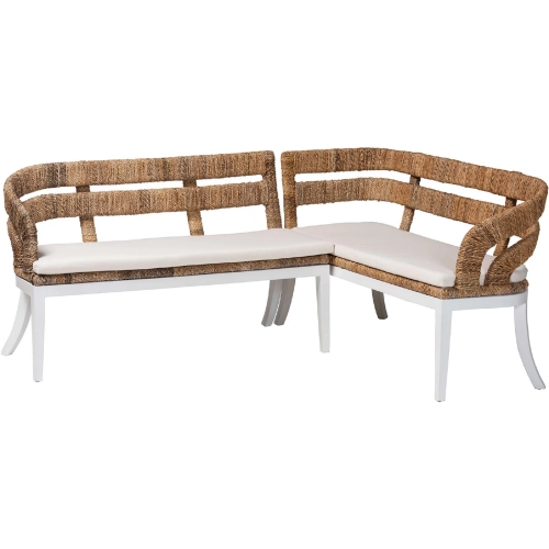 Ubud 2 Piece Dining Nook Bench Set in Wood, Natural Seagrass & Neutral Fabric
