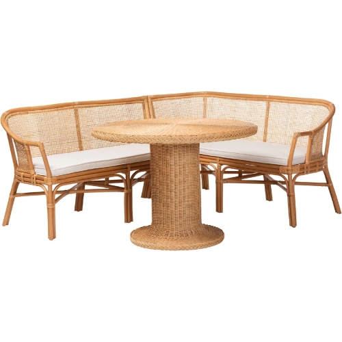 Aara 3 Piece Dining Nook Set in Natural Rattan & Neutral Fabric