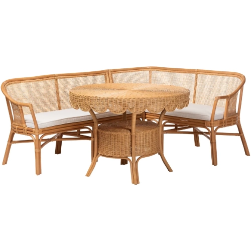 Ceona 3 Piece L Shape Dining Nook Set in Natural Rattan & Neutral Fabric