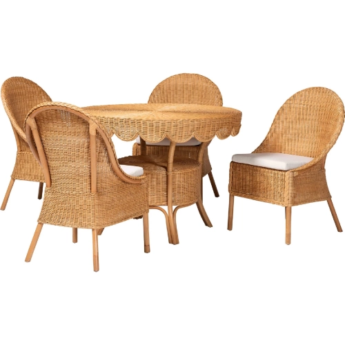 Tyrone 5 Piece Round Dining Set in Handwoven Scalloped Rattan & Neutral Fabric