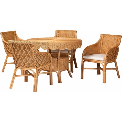 Tudor 5 Piece Dining Set in Handwoven Scalloped Rattan & Neutral Fabric