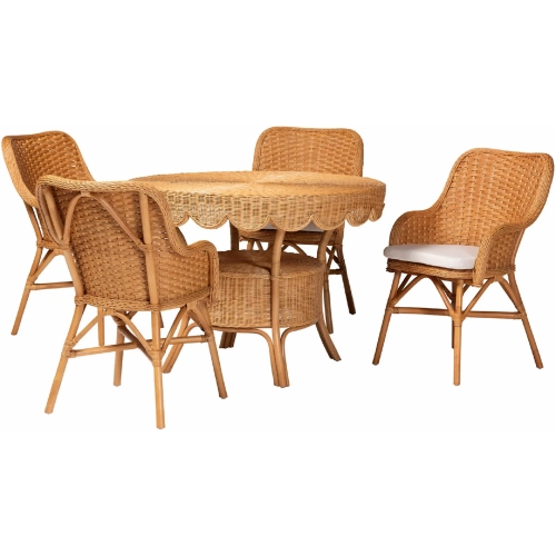 Tucson 5 Piece Dining Set in Handwoven Scalloped Rattan & Neutral Fabric