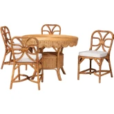 Trenton 5 Piece Round Dining Set in Handwoven Rattan & Neutral Fabric