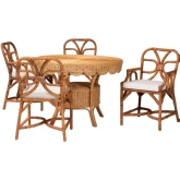 Trevor 5 Piece Round Dining Set in Handwoven Rattan & Neutral Fabric