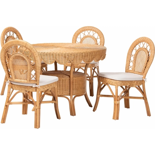 Travis 5 Piece Scallop Dining Set in Natural Rattan & Neutral Fabric