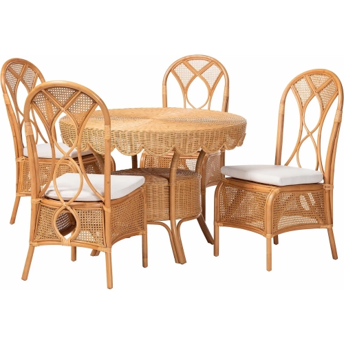 Tony 5 Piece Scallop Dining Set in Natural Rattan & Neutral Fabric