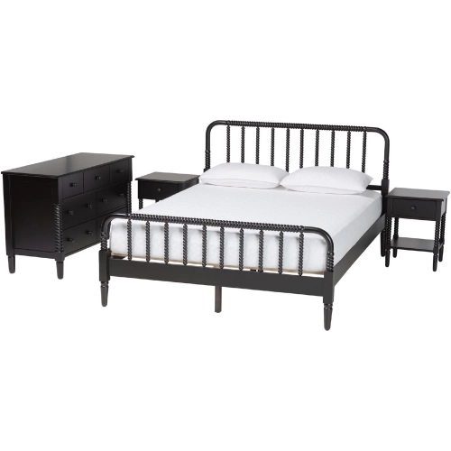 Braith Queen 4 Piece Bedroom Set with 2 Nightstands in Black Spindle Wood
