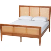 Walthard King Platform Bed in Light Walnut Finish Wood & Woven Rattan