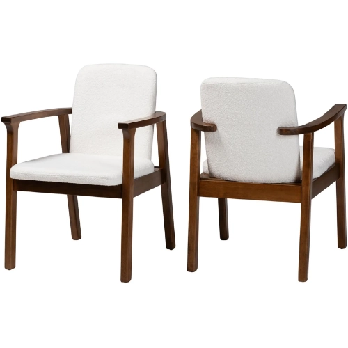 Miyagi Dining Arm Chair in Walnut Finish Wood & White Boucle Fabric (Set of 2)