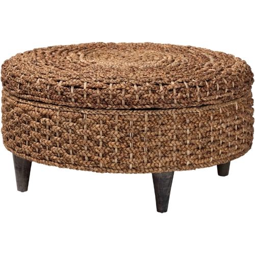 Bailey Round Lift Top Storage Ottoman in Handwoven Seagrass