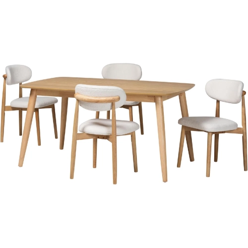 Emily 5 Piece Dining Set in Natural Wood & White Boucle Fabric