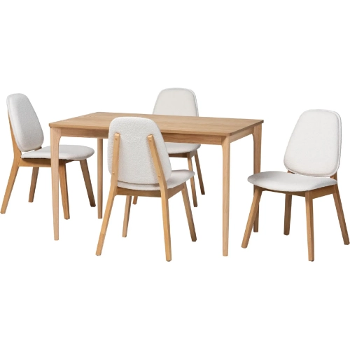 Hudson 5 Piece Dining Set in Natural Wood & White Boucle Fabric
