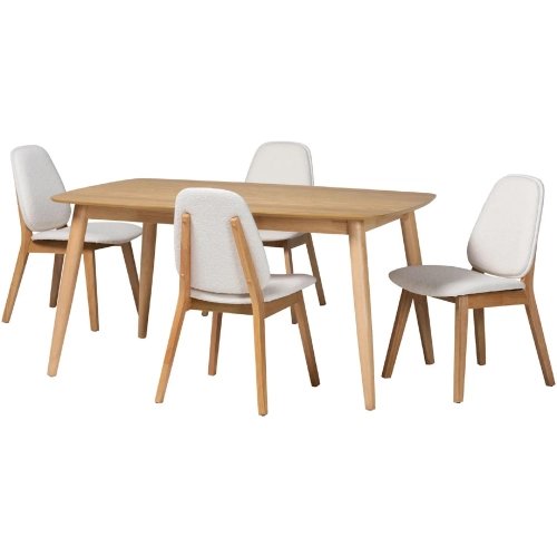 Jennica 5 Piece Dining Set in Natural Wood & White Boucle Fabric