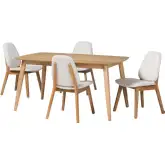 Jennica 5 Piece Dining Set in Natural Wood & White Boucle Fabric