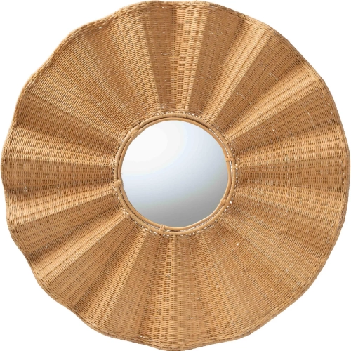 Palm Scalloped Round Wall Mirror in Handwoven Rattan