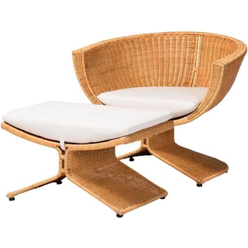 Reya 2 Piece Accent Chair & Ottoman Set in Natural Rattan & Neutral Fabric