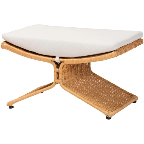 Reya Sculptural Ottoman in Handwoven Natural Rattan & Neutral Fabric