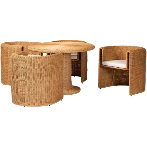 Amaya 5 Piece Round Dining Set in Handwoven Rattan & Fabric