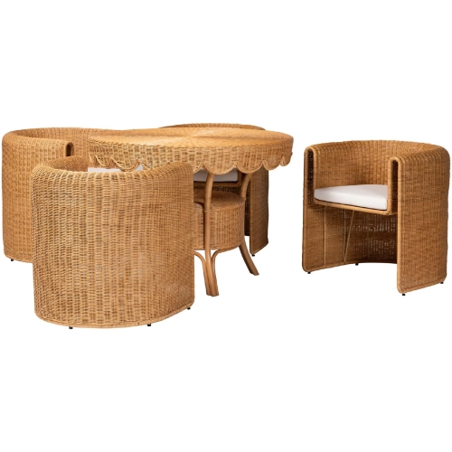 Ayumi 5 Piece Round Dining Set in Handwoven Scalloped Rattan & Fabric