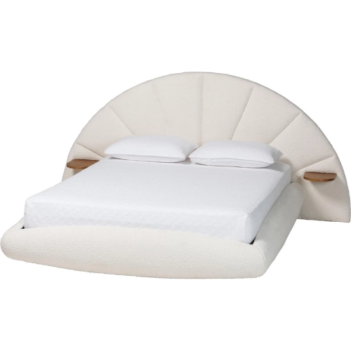 Cherise King Floating Bed in Cream Boucle Fabric w/ Built In Wood Shelves