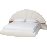 Cherise King Floating Bed in Cream Boucle Fabric w/ Built In Wood Shelves