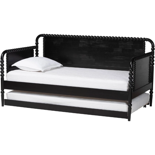 Lucera Bobbin Spindle Twin Daybed w/ Rolling Trundle in Black Wood