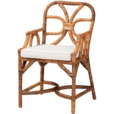 Alondra Dining Arm Chair in Light Honey Rattan & Neutral Fabric