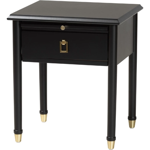 Tamra Nightstand w/ Pullout Shelf in Black Wood & Metallic Trim