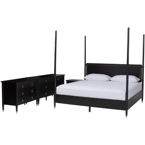 Tamra 4 Poster Platform, King Bedroom Set in Black Wood & Metallic Trim