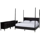 Tamra 4 Poster Platform, King Bedroom Set in Black Wood & Metallic Trim