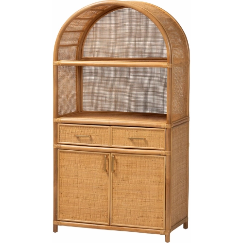 Mairen Arched Bookcase Cabinet in Handwoven Natural Rattan