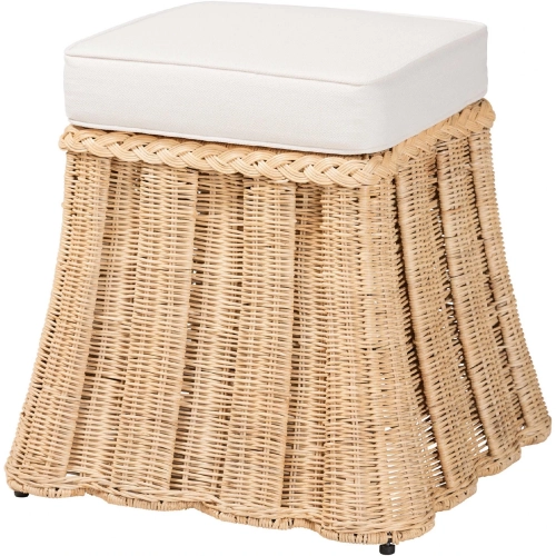 Rotem 20" Pleated Ottoman in Natural Rattan & Neutral Fabric
