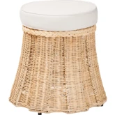 Ying 21" Round Pleated Ottoman in Handwoven Natural Rattan & Neutral Fabric