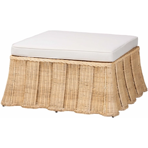 Rotem 40" Pleated Ottoman Coffee Table in Natural Rattan & Neutral Fabric