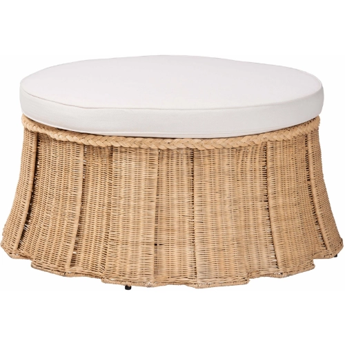 Ying 40" Round Pleated Ottoman in Handwoven Natural Rattan & Neutral Fabric