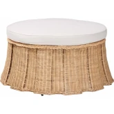 Ying 40" Round Pleated Ottoman in Handwoven Natural Rattan & Neutral Fabric