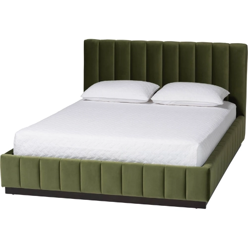 Granger Queen Low Profile Platform Bed in Channel Tufted Moss Green Velvet