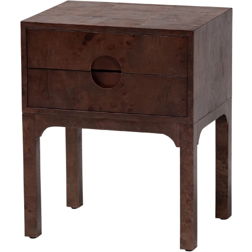 Kayla 2 Drawer Nightstand in Dark Walnut Brown Burl Wood