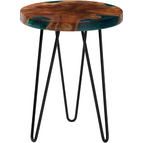 Anan End Table in Live Edge Teak, Green Epoxy Resin & Black Metal