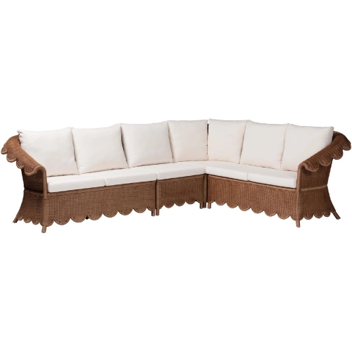 Detta 4 Piece Sectional sofa in Handwoven Scalloped Brown Rattan & Neutral Fabric