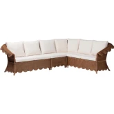 Detta 4 Piece Sectional sofa in Handwoven Scalloped Brown Rattan & Neutral Fabric